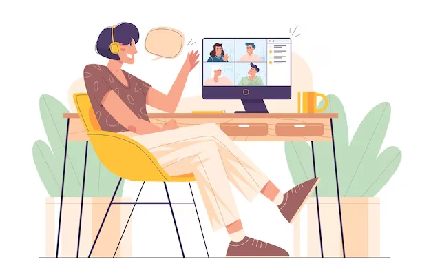 Chica Plana Auriculares Mesa Hablando Amigos Linea Mujer Joven Que Trabaja Casa Usando Computadora Videoconferencia Grupal O Trabajo Equipo Virtual Colectivo Clientes Colegas 88138 528