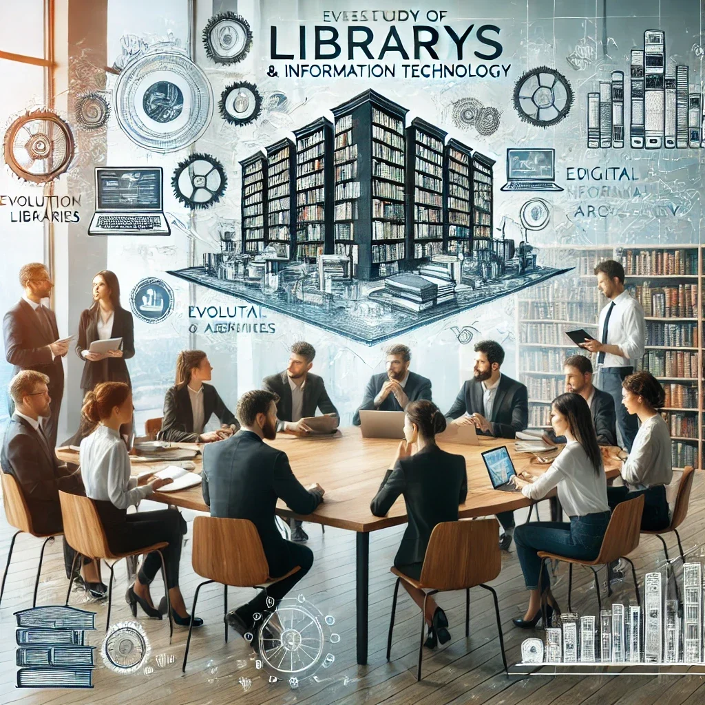 Dall·e 2024 12 02 09.30.37 An Academic Setting Focused On The Study Of Library Sciences And Information Technology. The Scene Includes A Group Of Diverse Scholars Engaged In Dis