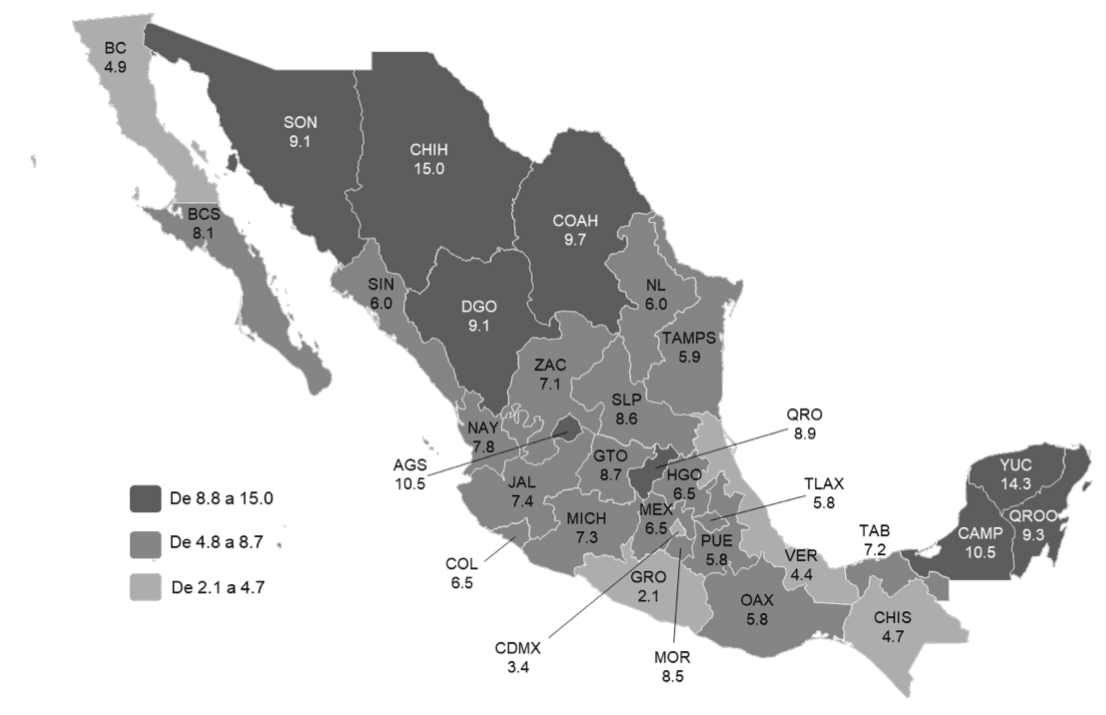 Tasa estandarizada de suicidios por entidad federativa (taza por cada 100 mil habitantes)