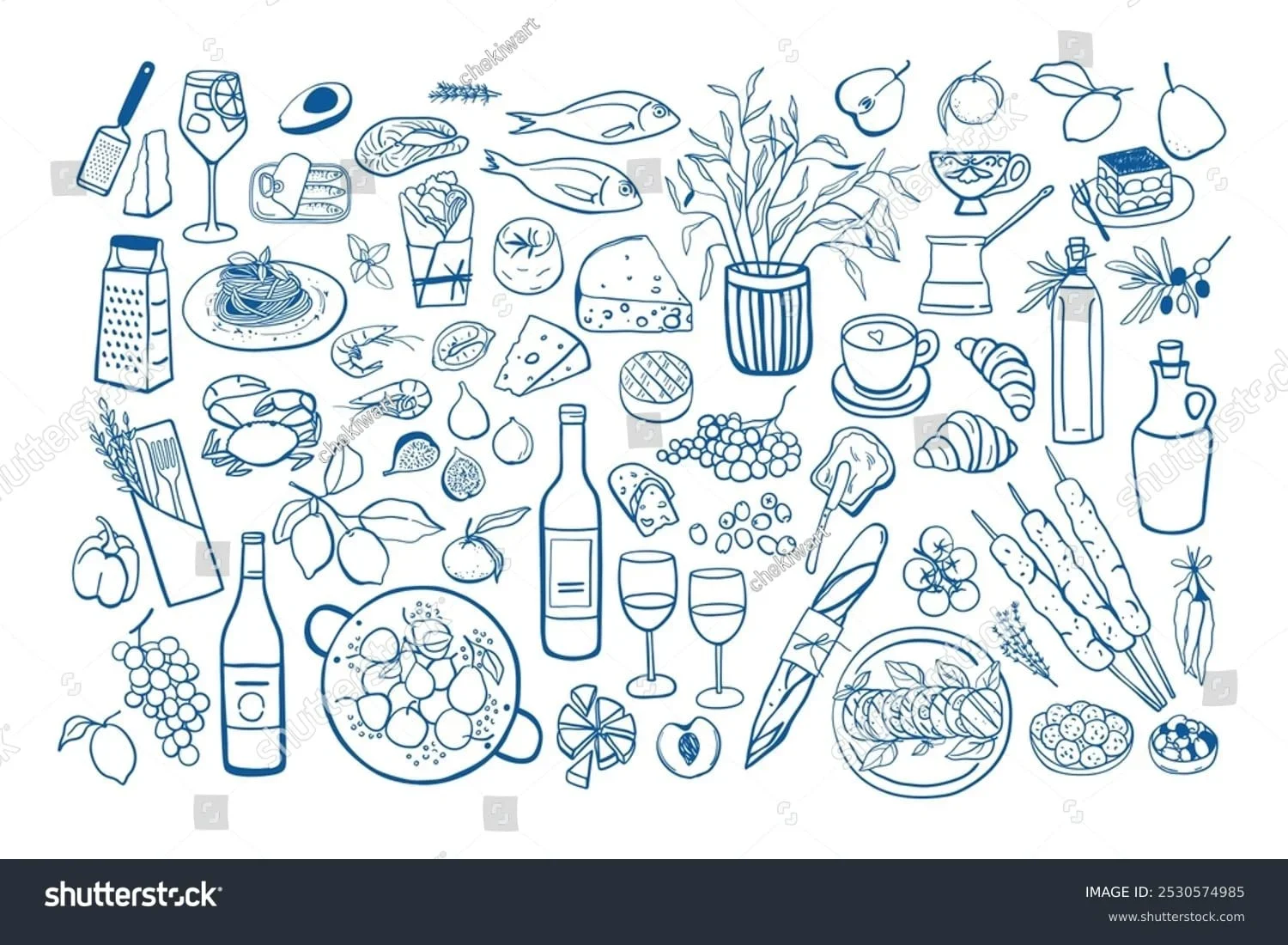 Stock Vector Set Of Hand Drawn Simple Mediterranean Food 2530574985