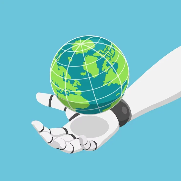 Mano robot isometrica 3d plana que sostiene mundo o planeta tierra concepto inteligencia artificial o inteligencia artificial 47328 1442