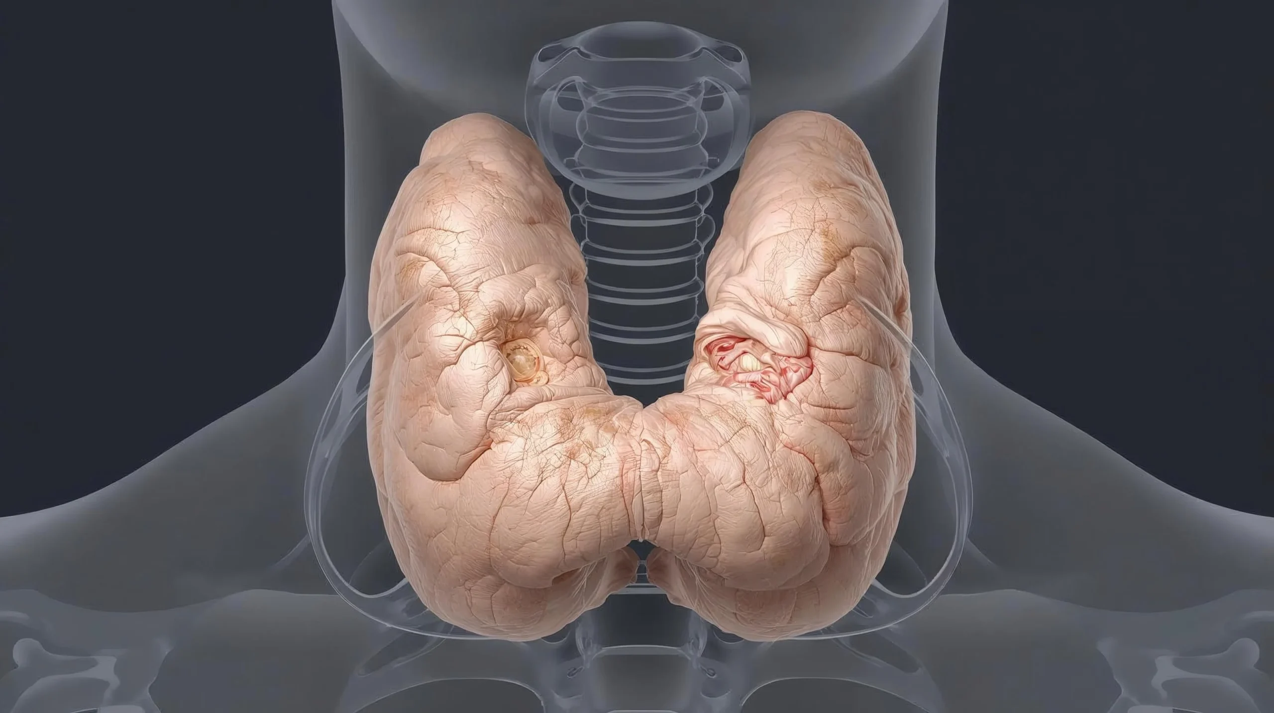 Ilustración de una glándula tiroides con enfermedad de Graves.